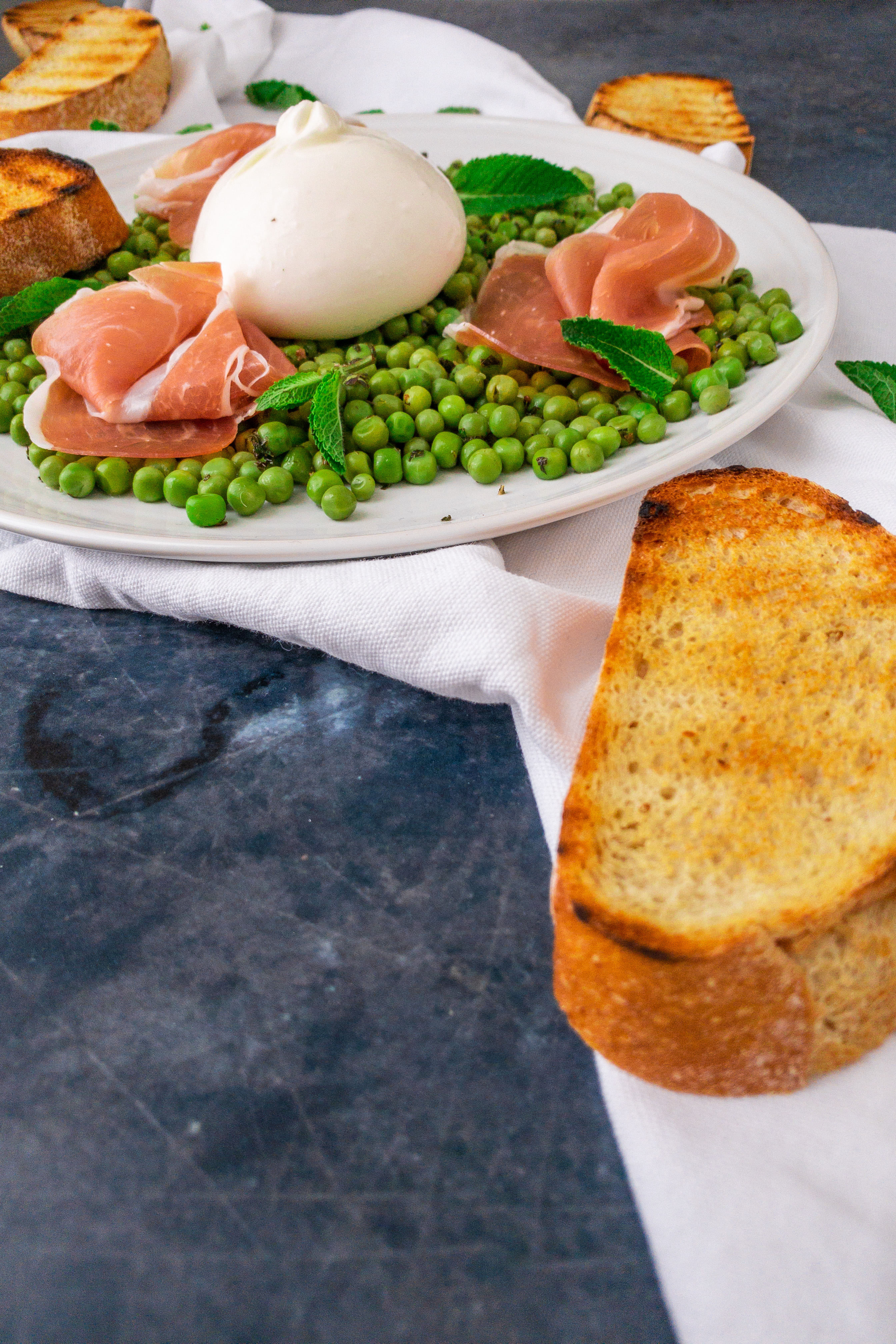 Pea Burrata Prosciutto Bruschetta