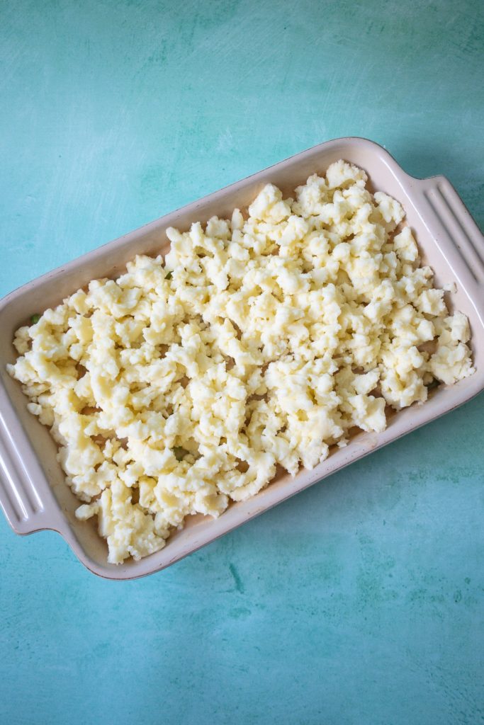 fish pie with potato crumbled on top