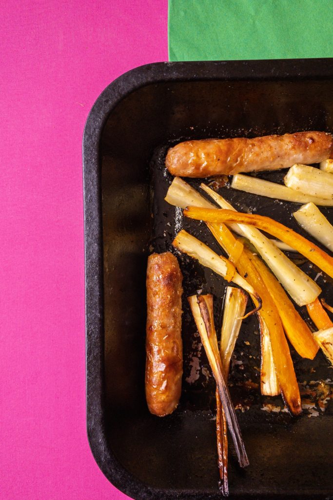 Sausage, Parsnip, Carrot honey roast tray bake