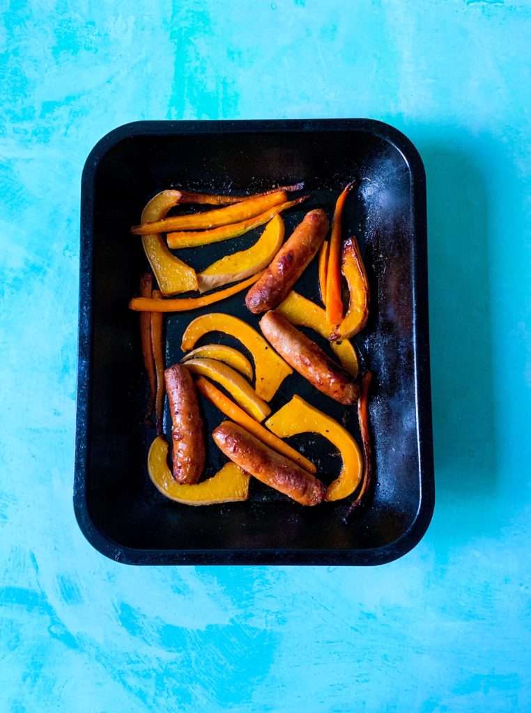 Sausage, Barrot and Butternut squash with oregano sausage tray bake